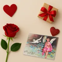 Vintage Pink Cherub Blue Flower Love Holiday Card