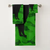 Modern Green Camo Black Wolf Silhouette Monogram | Bath Towel Set