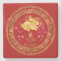 Chinese Zodiac Rabbit Red/Gold ID542 Stone Coaster