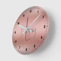 Rose Gold Brushed Metal Glitter Monogram | Round Clock