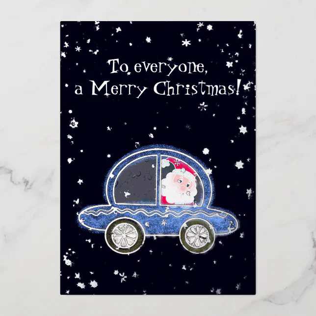 Santa in his car at Christmas Foil Holiday Card