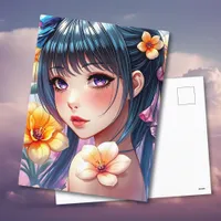 Pretty Anime Girl with Daffodils | Keep in Touch Postcard