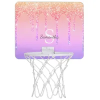 Chic Rainbow Glitter Drips Sparkle Monogram Name Mini Basketball Hoop