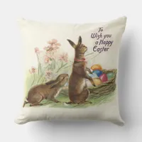 Vintage Brown Easter Rabbits Eggs in Basket, ZSSG Throw Pillow