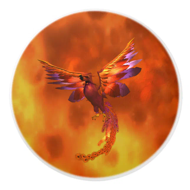 Colorful Phoenix Flying Against a Fiery Background Ceramic Knob