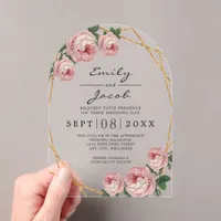 Elegant Gold Glitter Geometric Pink Floral Wedding Acrylic Invitations