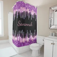 Black purple pink glitter drips monogram script shower curtain