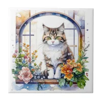 Kitty Cat in Window of Flowers   Ceramic Tile