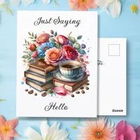 Coffee, Books and Flowers | Thinking About You Postcard