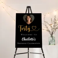 Black gold 40th photo birthday party heart welcome foam board