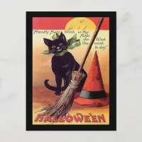 Vintage Halloween Black Cat Witch Card