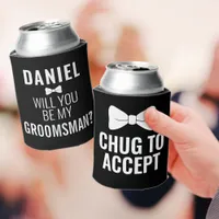 Funny Groomsman Wedding Bro Proposal Black Beer Can Cooler