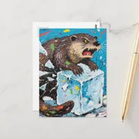 Angry otter breaking an ice block  postcard