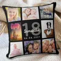 18th birthday photo collage girl black throw pillow