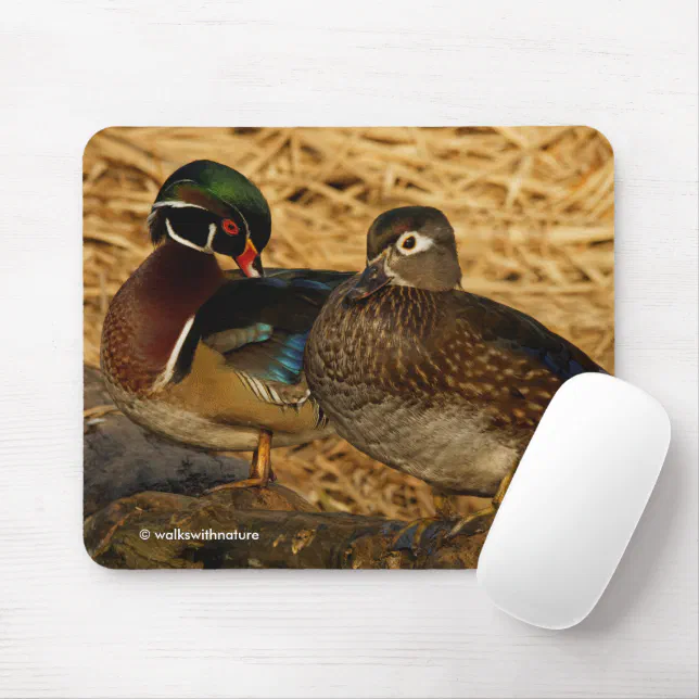 Preening Wood Ducks on Log Mouse Pad