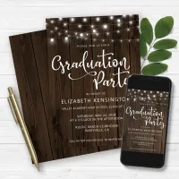 Rustic String Lights on Wood Graduation Party Invitation