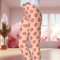 Red Lipstick Kiss Print Peach Leggings