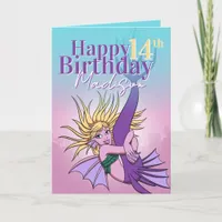 Mermaid Cute Purple Cartoon Girl 14th Birthday Card