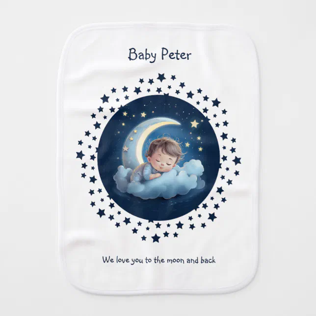 Cute Cartoon Baby Sleeping on Half Moon Cloud Blue Baby Burp Cloth