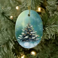 Beautiful Christmas Tree with Snow and Gold Lights Ceramic Ornament