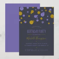 Purple and Gold Glitter Confetti Birthday Party Invitation