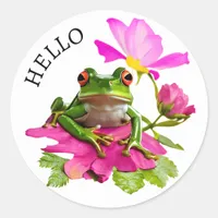 Hello! Cute Frog or Toad on Pink Flowers Classic Round Sticker