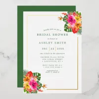 Tropical Hibiscus Floral Palm Leaves Bridal Shower Foil Invitation