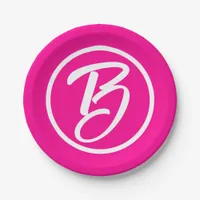 Cute Calligraphy Monogram Letter Hot Pink Paper Plates