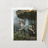 Ghost Lady on Abandoned Carousel Horse in Garden Postcard