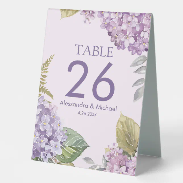 Lavender Hydrangea Flowers & Fern Leave Wedding Table Tent Sign