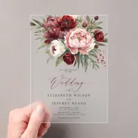 Elegant Burgundy Blush Botanical Floral Wedding Acrylic Invitations