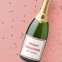 Modern Wavy Border Trendy Red Christmas Party Sparkling Wine Label