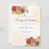 Rust Rose Autumn Boho Floral Watercolor Wedding Invitation