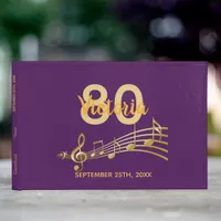 80th birthday party purple gold music notes guest book