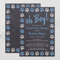 Chalkboard Blue Boy Paw Print Virtual Baby Shower Invitation