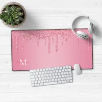 Girly Blush Pink Sparkle Glitter Drips Monogram Desk Mat