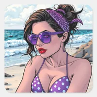 Beach Lady in Shades, Bikini and Bandana  Square Sticker