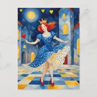 Dancing Lady With Red Hair Blue Dress Gold Crown Postcard