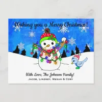 Wishing you a Merry Christmas Lights Snowman Postcard