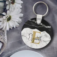 Modern Script Black White Marble Gold Monogrammed Keychain