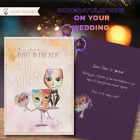 Whimsical Groom & Bride Wine Glasses Wedding Card