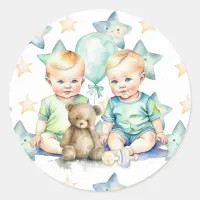 Watercolor Twin Boys Baby Shower Classic Round Sticker