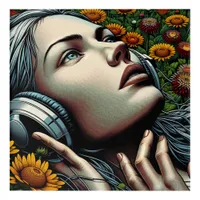 Beautiful Woman with Headphones in Sunflowers Acrylic Print