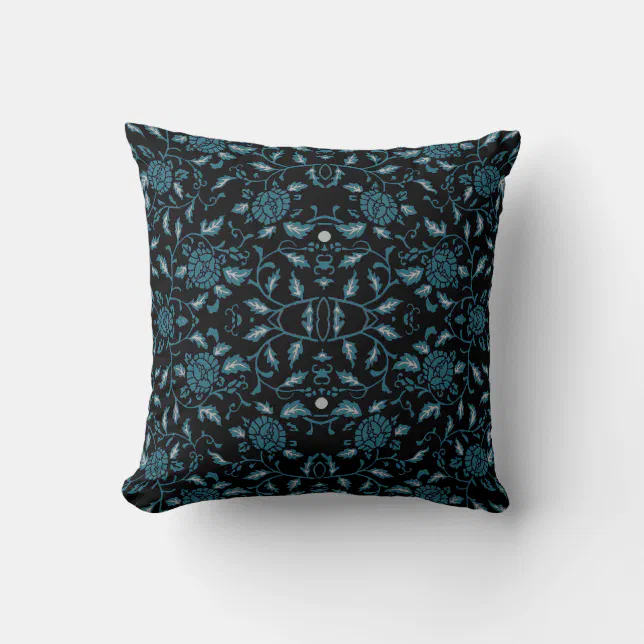 Elegant Flowery Black and Teal Damask Throw Pillow