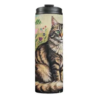 Fluffy Gray Tabby Cat and Folk Art Flowers Thermal Tumbler