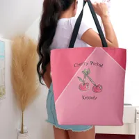 Pink Cherry Trendy Modern Cute Kitschy Fun Name Tote Bag