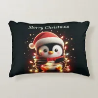 Cute Penguin Wrapped in Christmas Lights Accent Pillow