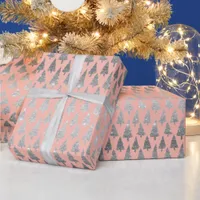 Metallic Silver Glitter Xmas Trees Blush Pink Gift Wrapping Paper