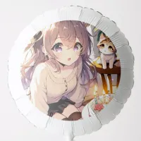 Pretty Anime Girl with Kitten and Birthday Cake Balloon