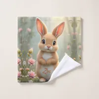 Cute little bunny surrounded by flowers, kids   wash cloth